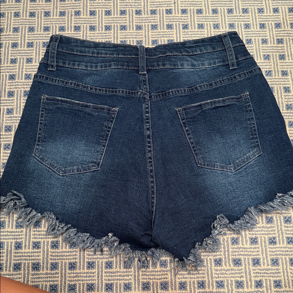 Women’s Dark Blue Distressed Denim Shorts - Picture 4 of 5